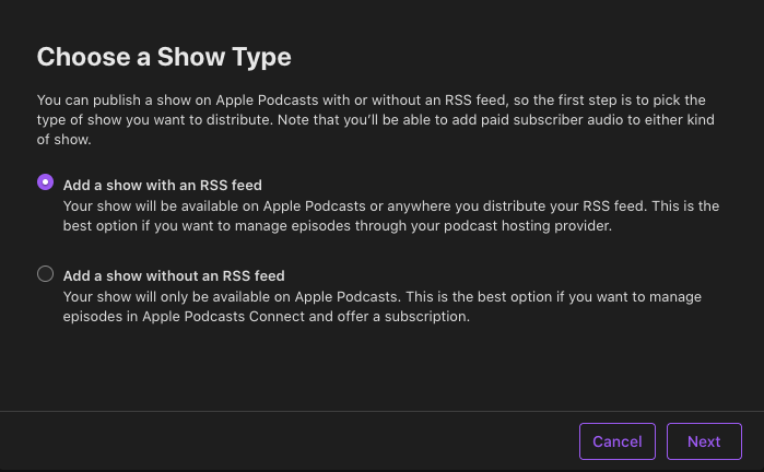 Apple Podcasts Connect New Show screen with the option to add a show with an RSS feed