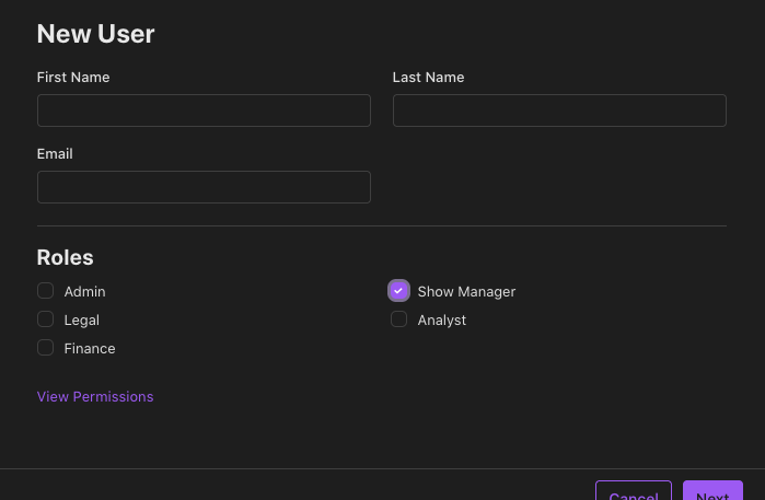Apple Podcasts Connect New User form with the Show Manager role selected