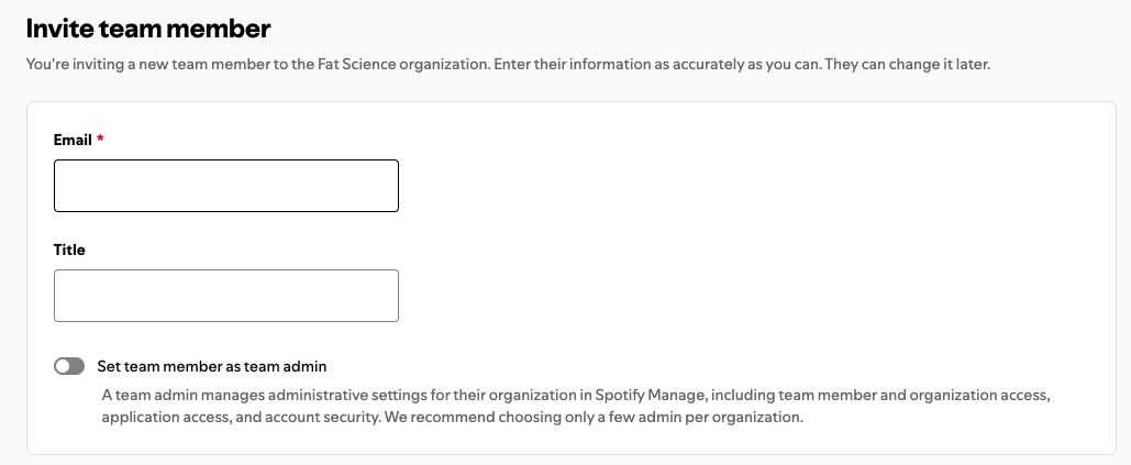 Spotify for Creators form to invite a team member by email