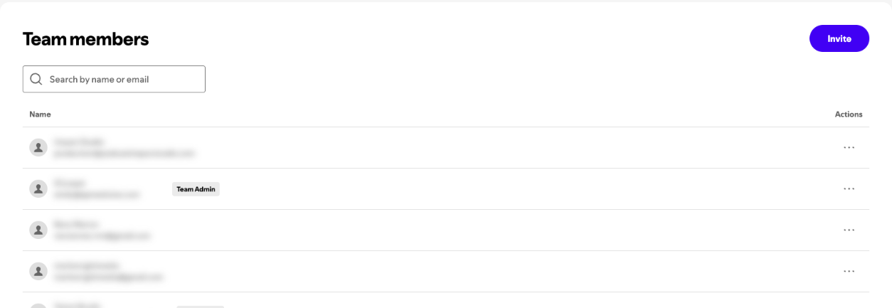 Spotify for Creators Manage team members page with the Invite button