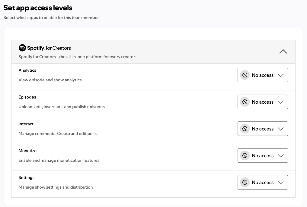 Spotify for Creators screen to set app access levels for a new team member