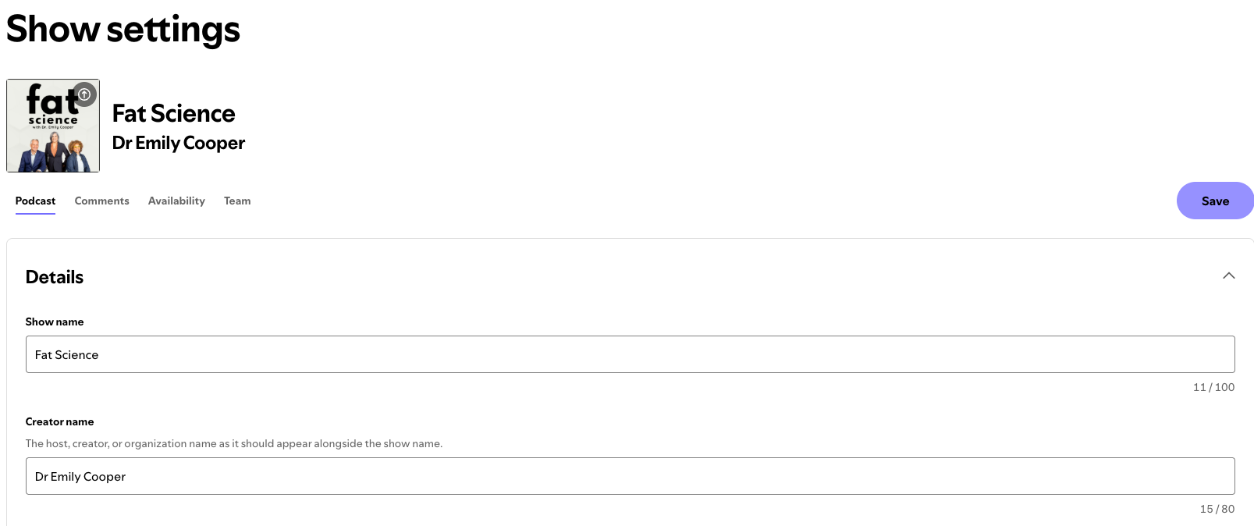 Spotify for Creators show settings page with the Details tab open