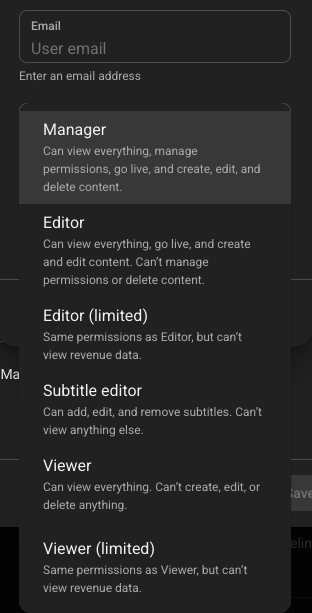 YouTube Studio access role menu showing the roles you can give a team member