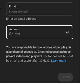 YouTube Studio invite window with fields for email address and access role