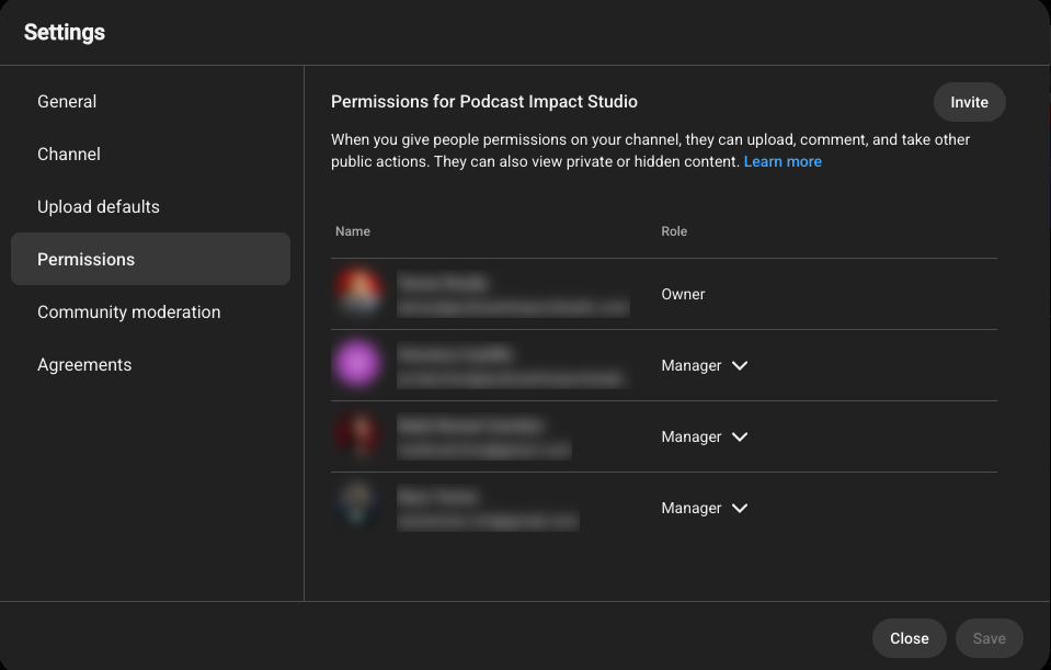 YouTube Studio Settings window with the Permissions tab open, showing the Invite button